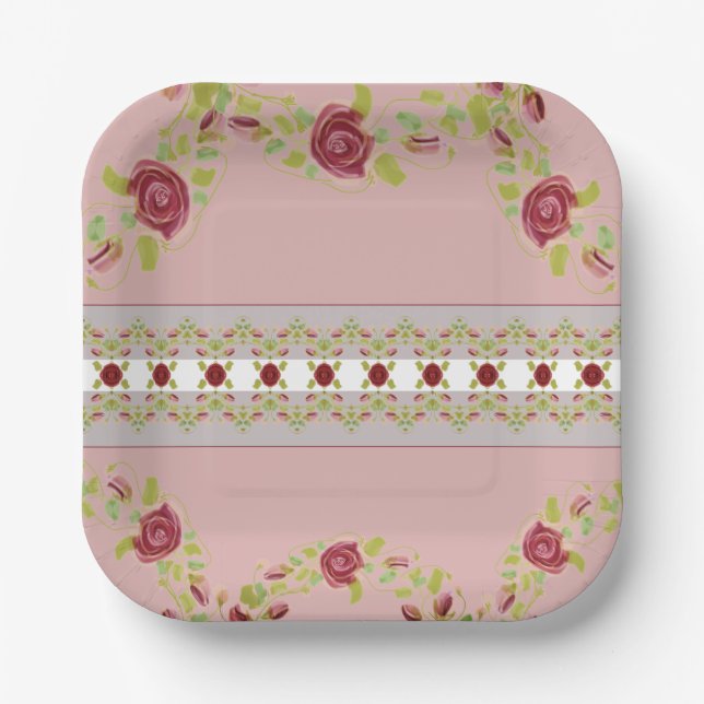Pink With Floral Pattern Paper Plate (Front)