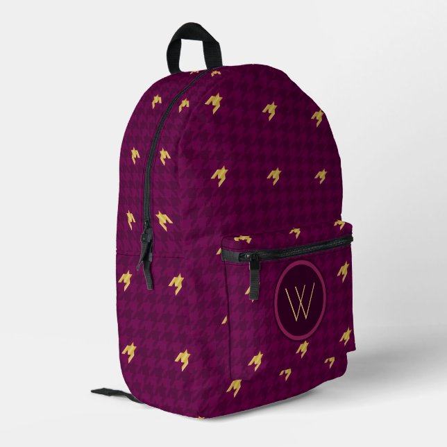 Pink with Gold Accent Houndstooth Printed Backpack (Back Corner Left)