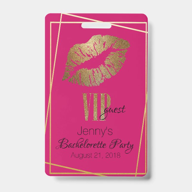 Pink with Gold Lip Print Bachelorette Party Badge ID Badge (Front)