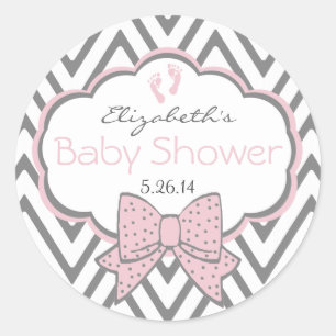 Pink With Grey Chevron Baby Shower Classic Round Sticker