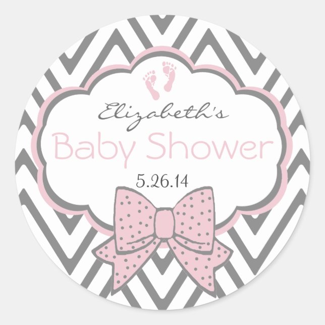 Pink With Grey Chevron Baby Shower Classic Round Sticker (Front)