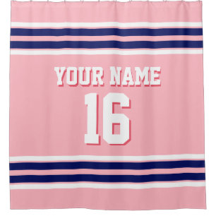 Pink with Navy White Stripes Sports Jersey Shower Curtain