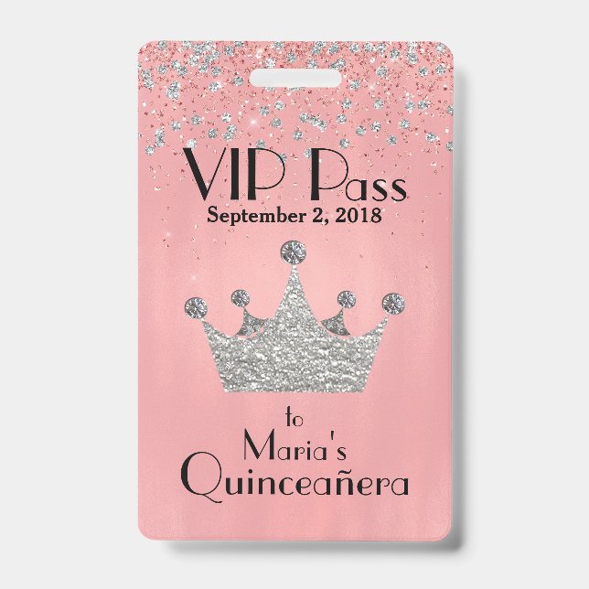 Pink with Silver Crown Quinceañera VIP Badge ID Badge (Front)