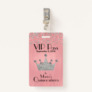 Pink with Silver Crown Quinceañera VIP Badge ID Badge