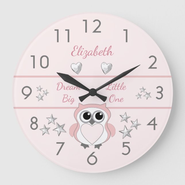 Pink with silver stars and name large clock (Front)