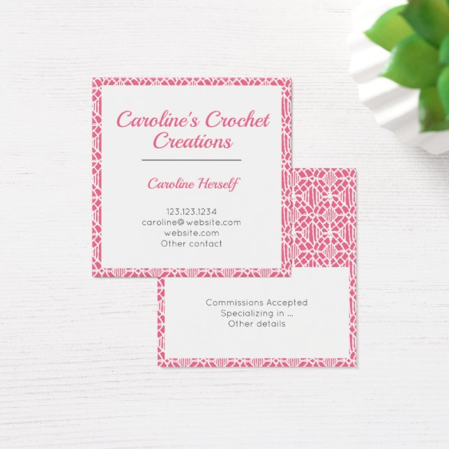 Pink With White Crochet Lace Pattern Business Card (Desk)