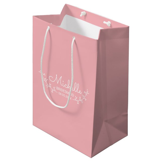 Pink with White Laurels Personalised Bridesmaids Medium Gift Bag (Front Angled)