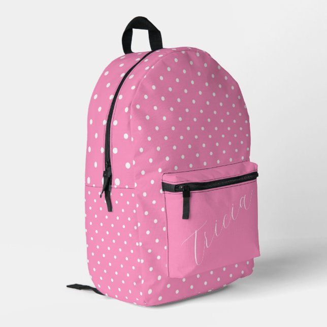 Pink with White Polka Dots Personalised  Printed Backpack (Back Corner Left)