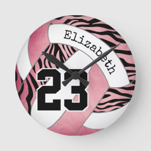 pink with zebra pattern personalised volleyball round clock