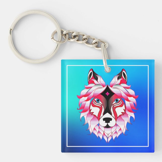 Pink Wolf Head Polygon Design-24531 Key Ring (Front)