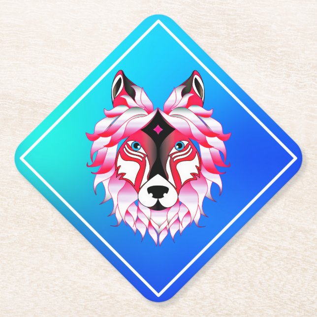 Pink Wolf Head Polygon Design-24531 Paper Coaster (Front)