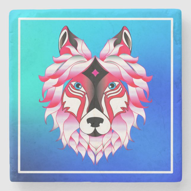 Pink Wolf Head Polygon Design-24531 Stone Coaster (Front)