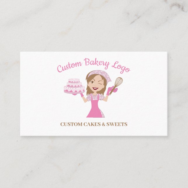 Pink Woman Pastry Chef Bakery Wedding Cake Business Card (Front)