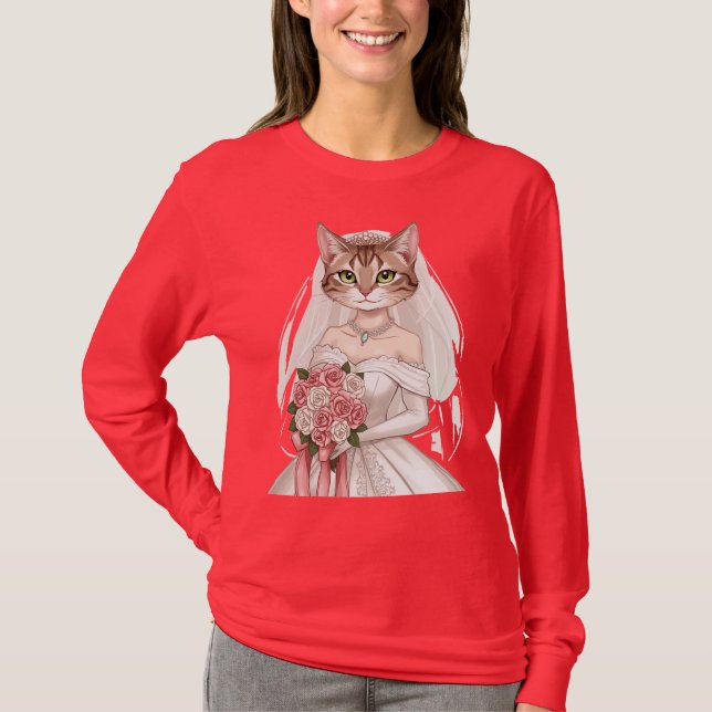 Pink Women's T-Shirt with Cute Bride Cat Design -  (Front)