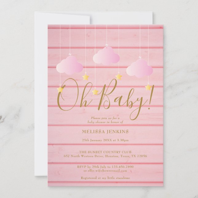 Pink Wood Twinkle Twinkle Oh Baby Baby Shower Invitation (Front)