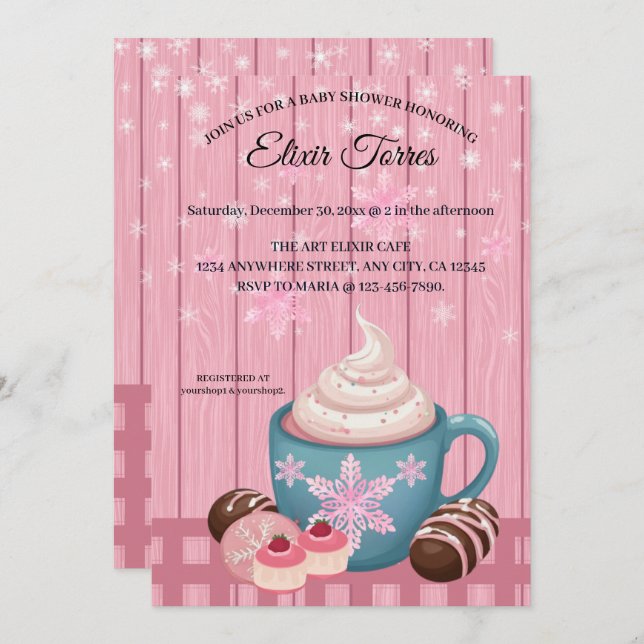 Pink Wooden Hot Cocoa Whipped Cream Baby Shower Invitation (Front/Back)