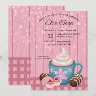 Pink Wooden Hot Cocoa Whipped Cream Baby Shower Invitation