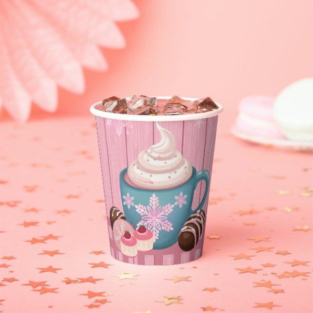 Pink Wooden Hot Cocoa Whipped Cream Baby Shower Paper Cups (Insitu)