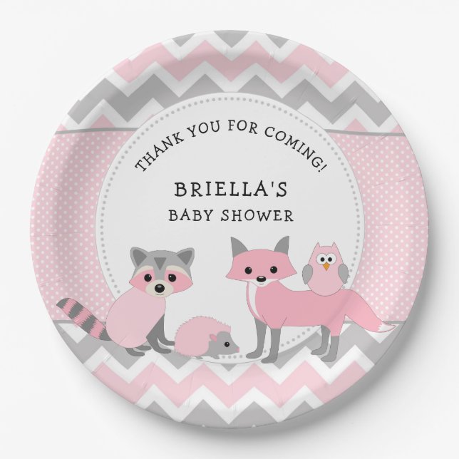 Pink Woodland Animal baby shower decor Paper Plate (Front)