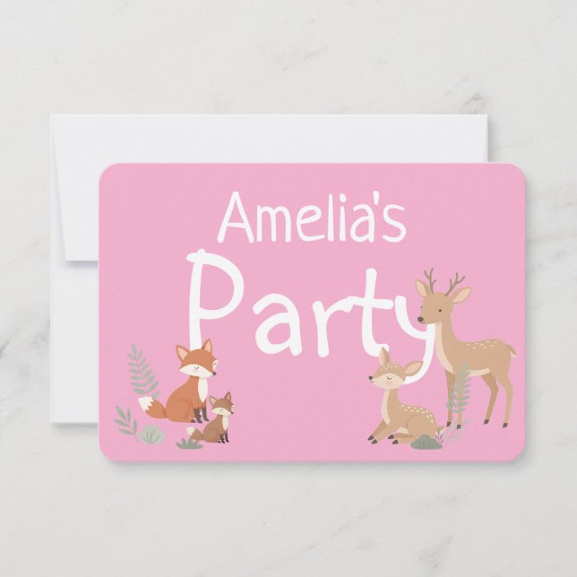 Pink Woodland Animal Birthday Party Invitation (Front)