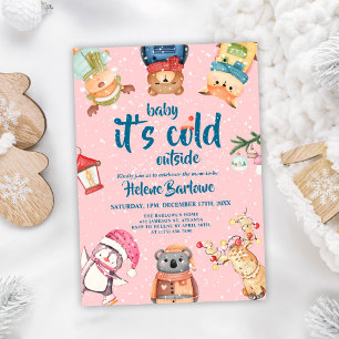 Pink Woodland Animals Baby Girl Winter Baby Shower Invitation