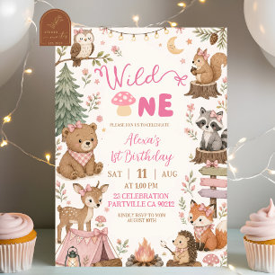 Pink Woodland Animals Wild One Girl Birthday Invitation