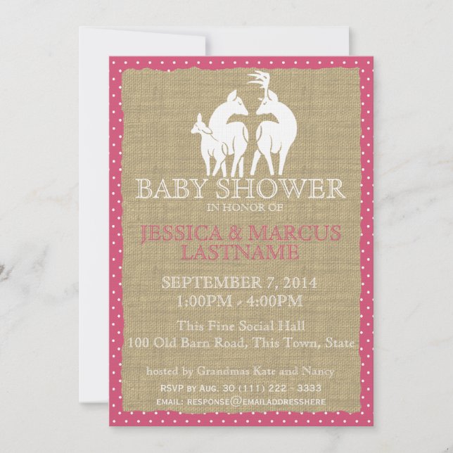 Pink Woodland Baby Shower Deer and Burlap Invitation (Front)