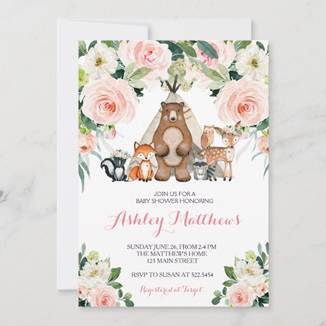Pink Woodland Baby shower invitation (Front)