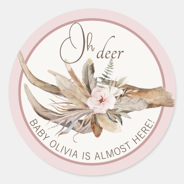 Pink Woodland Deer Antler Baby Shower Favour Classic Round Sticker (Front)
