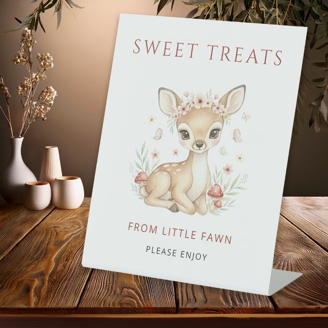 Pink Woodland Deer Girl Sweet Treats Baby Shower Pedestal Sign (Creator Uploaded)