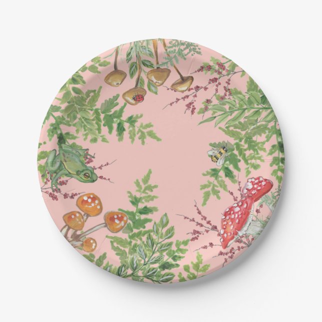 Pink Woodland Frog Bee Mushroom Rustic Picnic Paper Plate (Front)