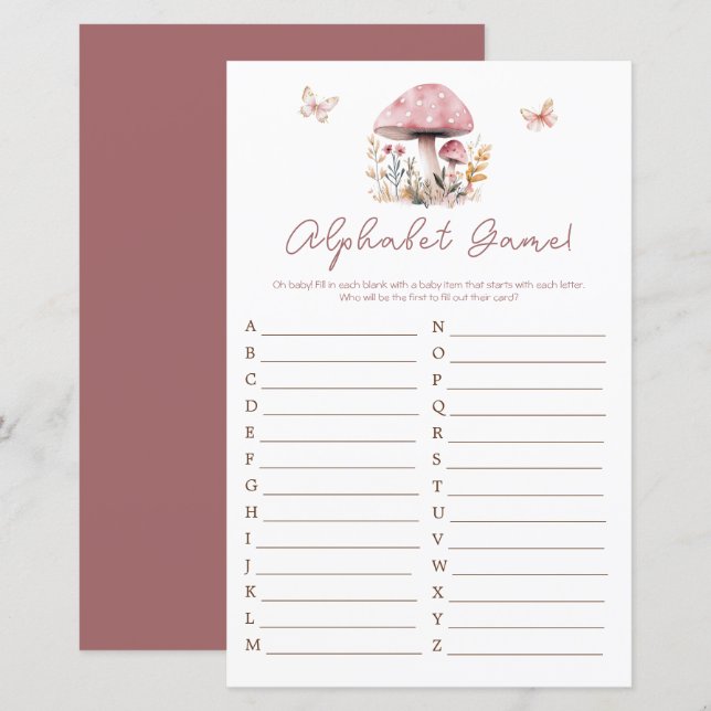Pink Woodland Mushroom Baby Shower Alphabet (Front/Back)