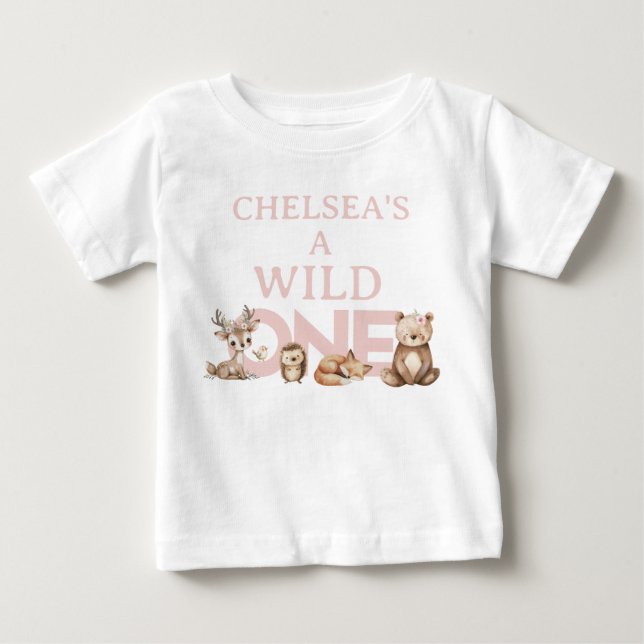 Pink Woodland Wild One 1st Birthday Baby T-Shirt (Front)