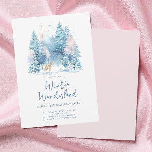 Pink Woodland Winter Wonderland 2nd Birthday Party Invitation