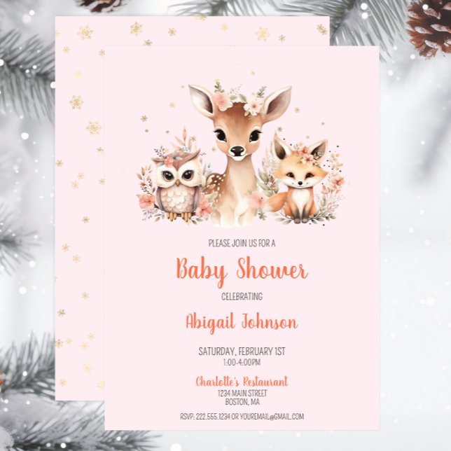 Pink Woodland Winter Wonderland Baby Shower Invitation (Pink Snowflake Woodland Baby Shower Invitation, Deer Owl Fox, Baby Girl Shower, Script Whimsical)