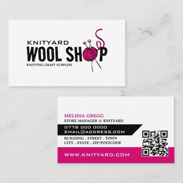 Pink Wool Shop Logo, Knitting Store, Yarn Store Business Card (Front/Back)