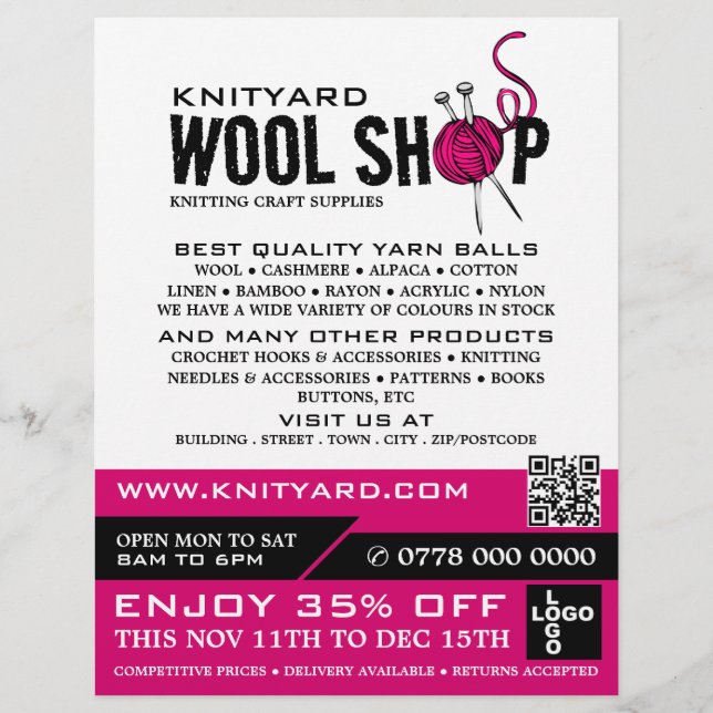 Pink Wool Shop Logo, Knitting Store, Yarn Store Flyer (Front)