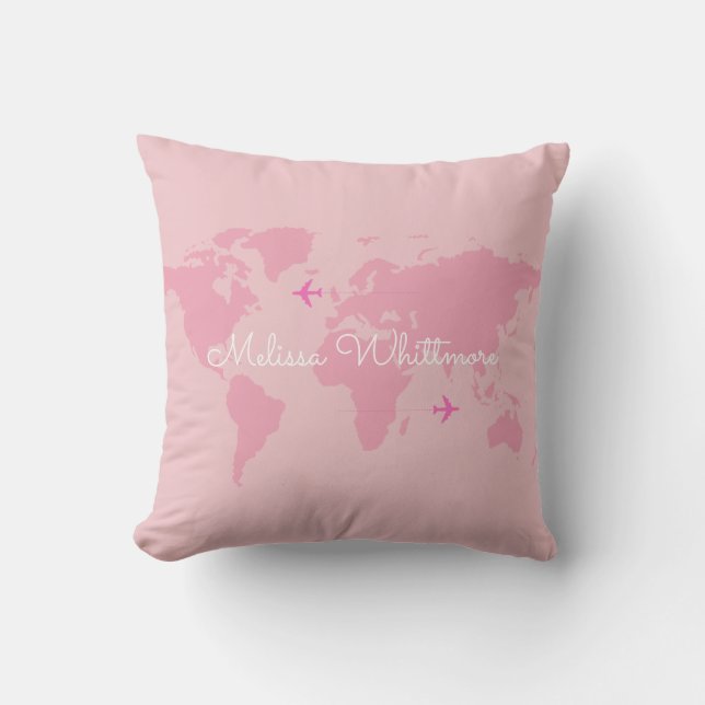 pink world map & aeroplanes, custom outdoor cushion (Front)