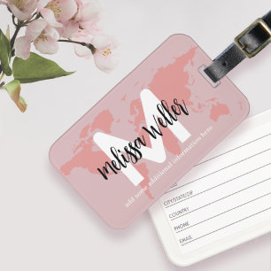 Pink World Map on Dusty Purple Traveller Monogram Luggage Tag
