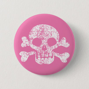 Pink Worn Skull and Crossbones Button