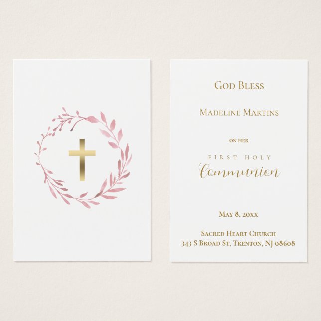 pink wreath First Communion remembrance card (Front & Back)