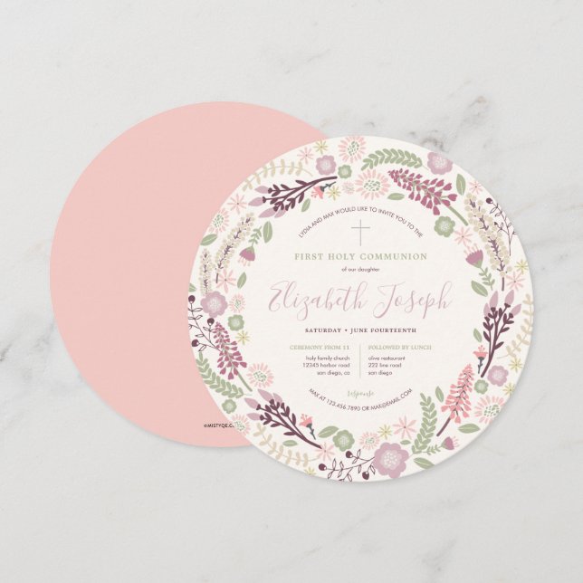 Pink Wreath First Holy Communion Invitation (Front/Back)