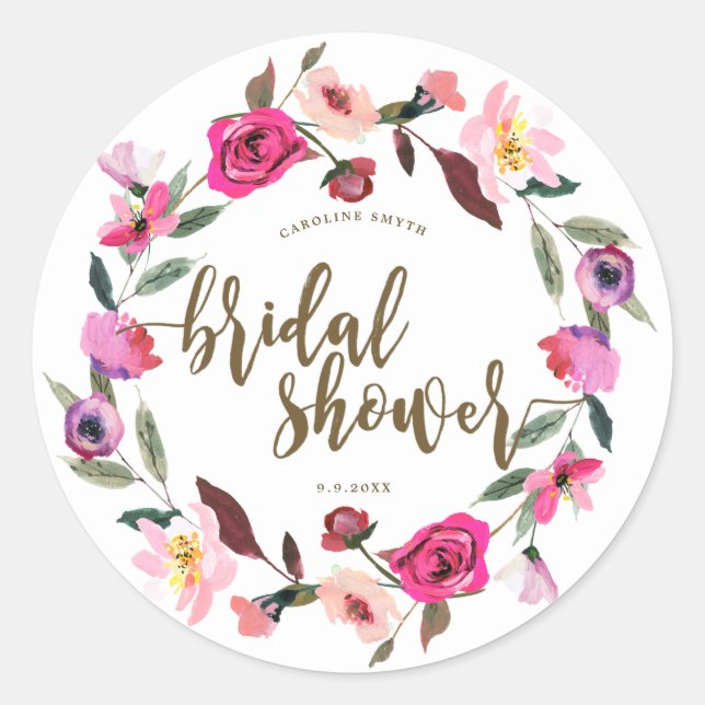 pink wreath floral bridal shower favours sticker (Front)