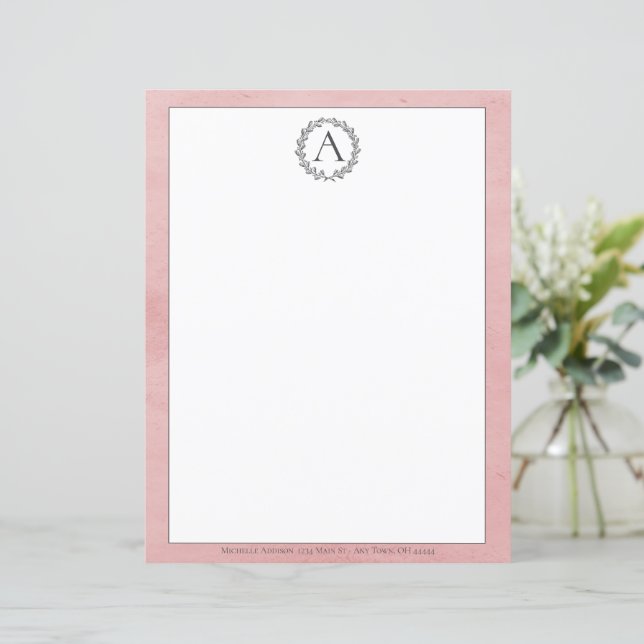 Pink Wreath Monogram Stationery (Standing Front)