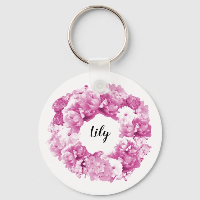 Pink Wreath Personalised Bridesmaid Keychain (Front)