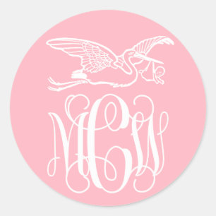 Pink Wt Vine Monogram Font Stork New Baby DIY BG Classic Round Sticker