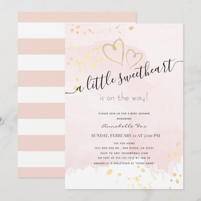 Pink x Gold Watercolor Sweetheart Baby Shower Invitation (Front/Back)