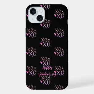 Pink "XOXO"Hearts Happy Valentine's Day Black iPhone 15 Plus Case