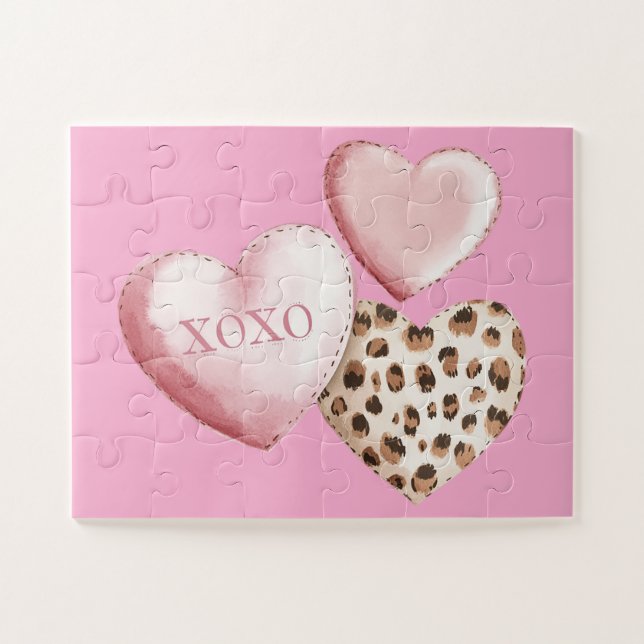 Pink XOXO Leopard Print Hearts Jigsaw Puzzle (Horizontal)