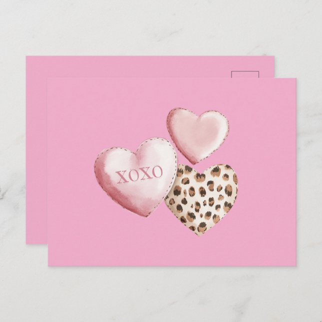 Pink XOXO Leopard Print Hearts Postcard (Front/Back)